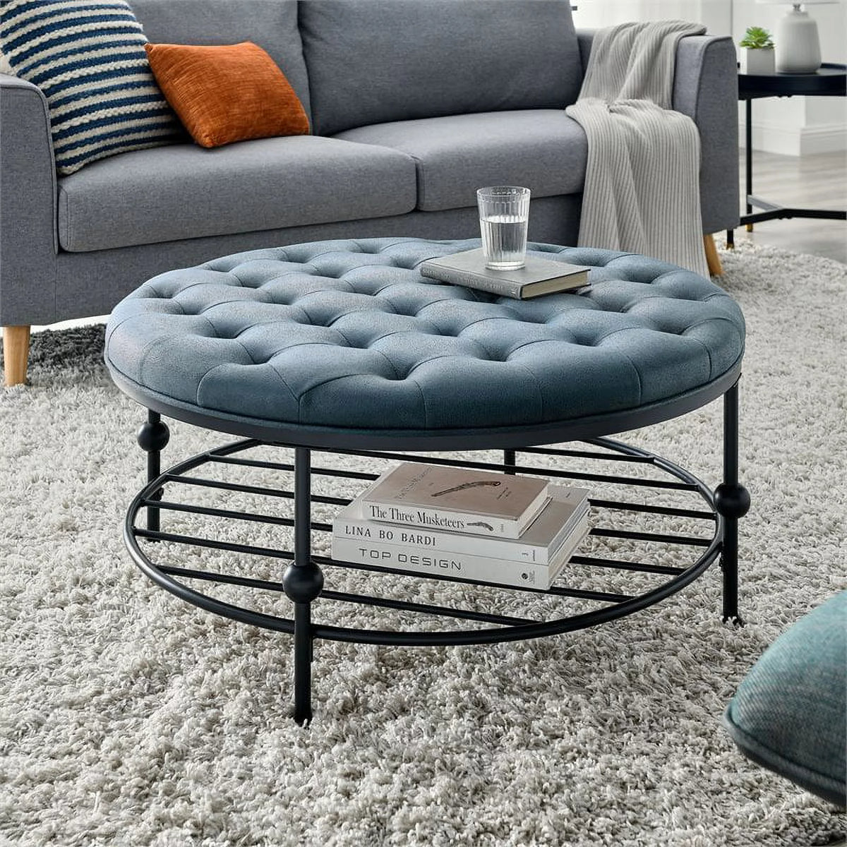 36" Round Faux Leather Tufted Cocktail Ottoman in Blue A6849