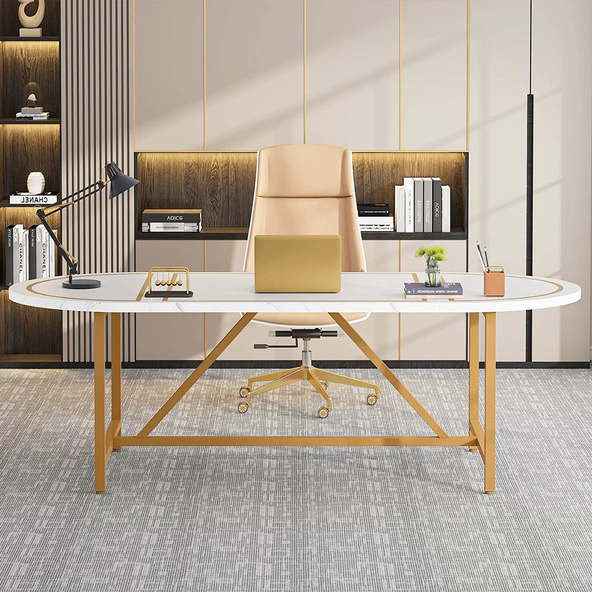 70.8" White and Gold Executive Desk H851283