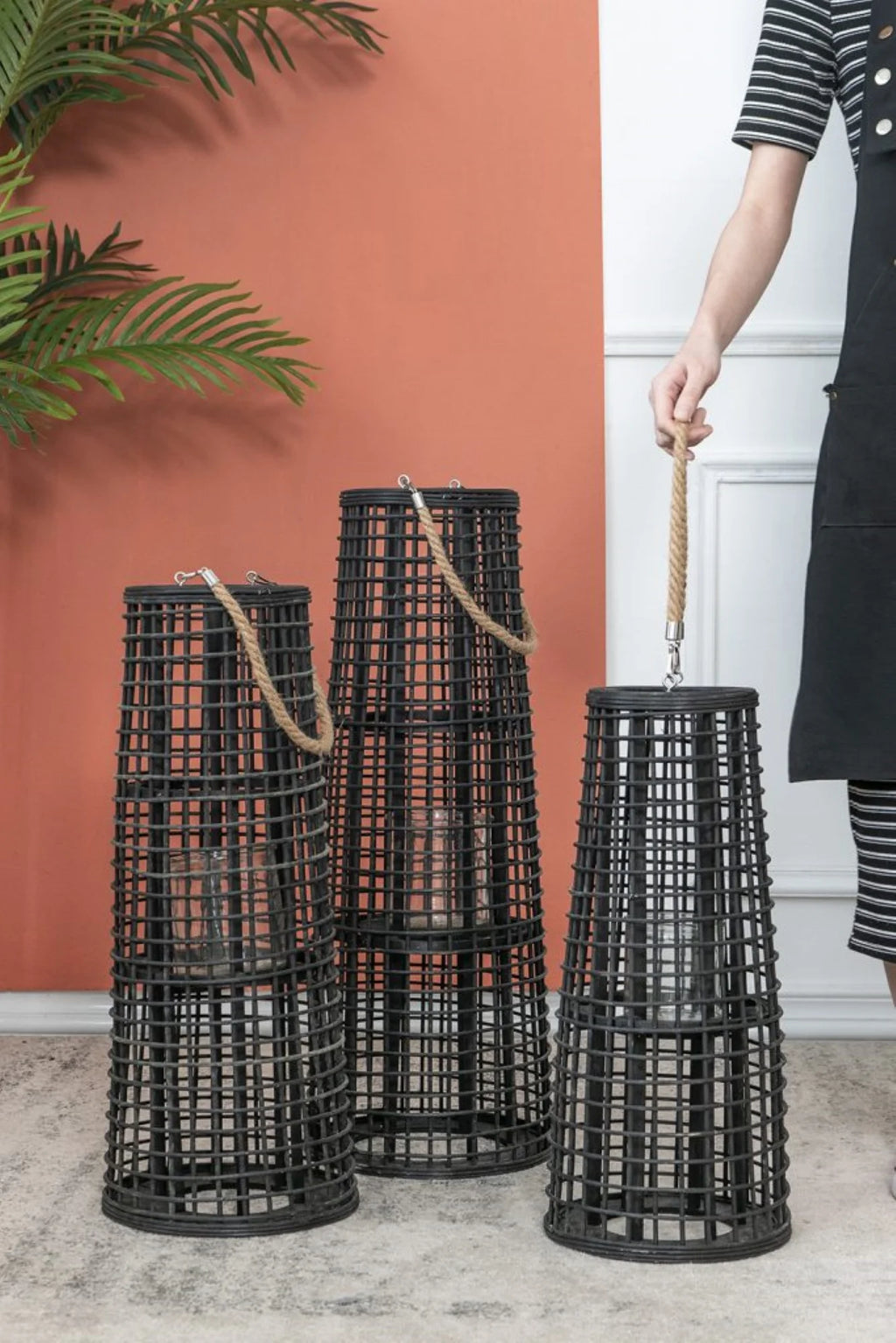 Black Tapered Candle Lantern with Handle P385