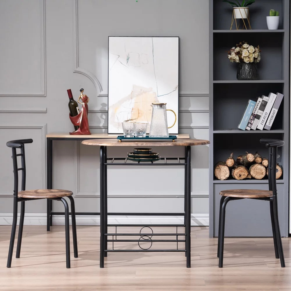 Brown 3 Piece Wood Top Dining Set with Storage Rack P8002