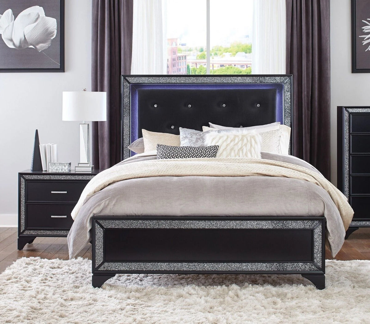 Queen Bed with LED Headboard and Nightstands M2185