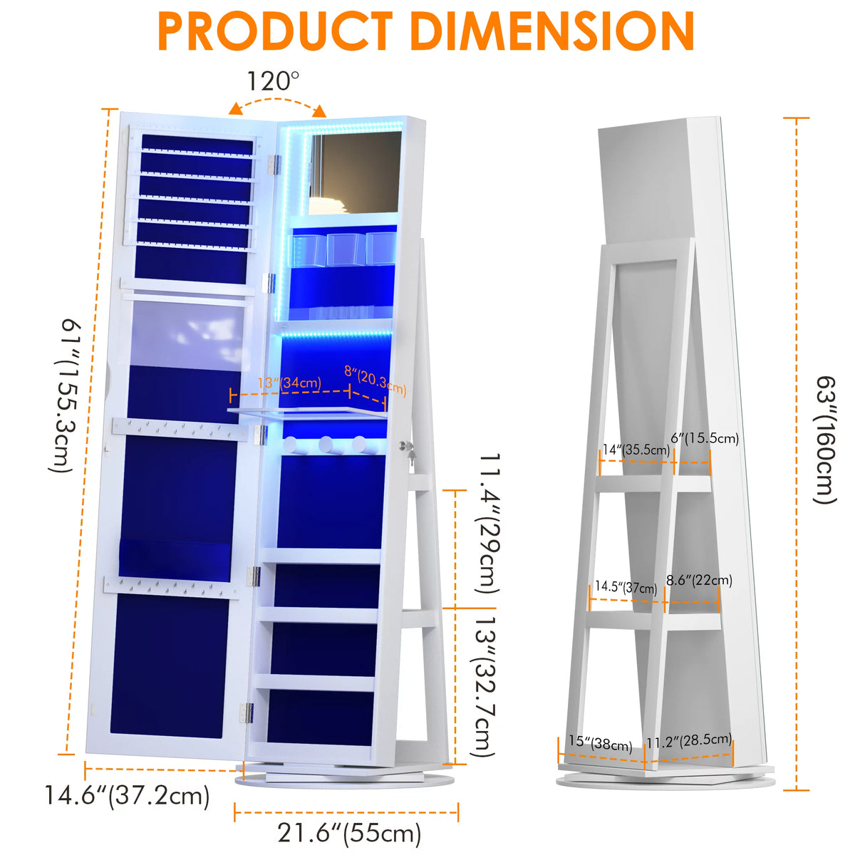 360° Rotating LED Jewelry Armoire with Full Length Mirror R97306