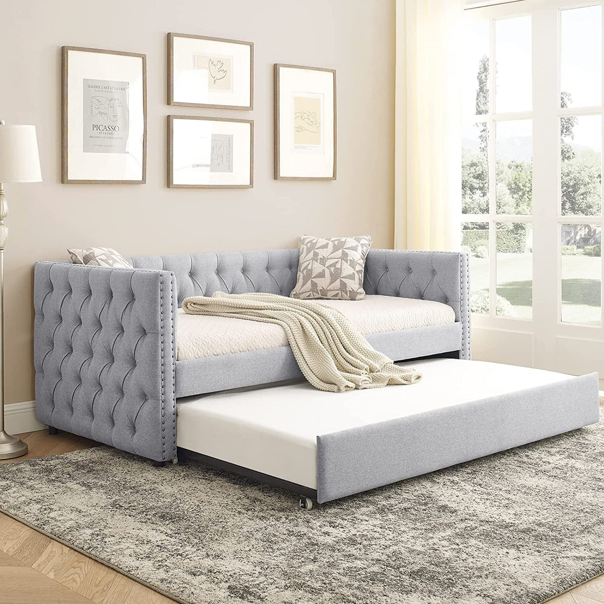 Light Grey Linen Upholstered Twin Size Daybed with Trundle Z1859