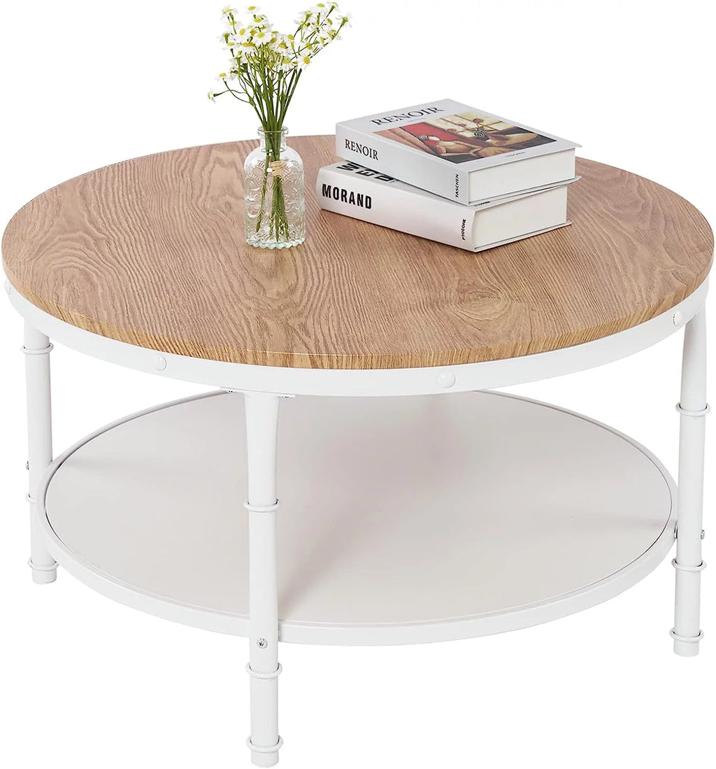 Natural White Round 2-Tier Storage Wood Coffee Table with Metal Frame J108