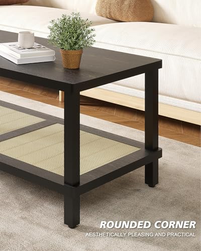 Rattan Coffee Table, 2-Tier Wooden Center Table, 39.3 Inch K868