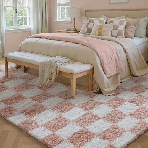 Beige and White Checkered Shag Rug 8x10 M240
