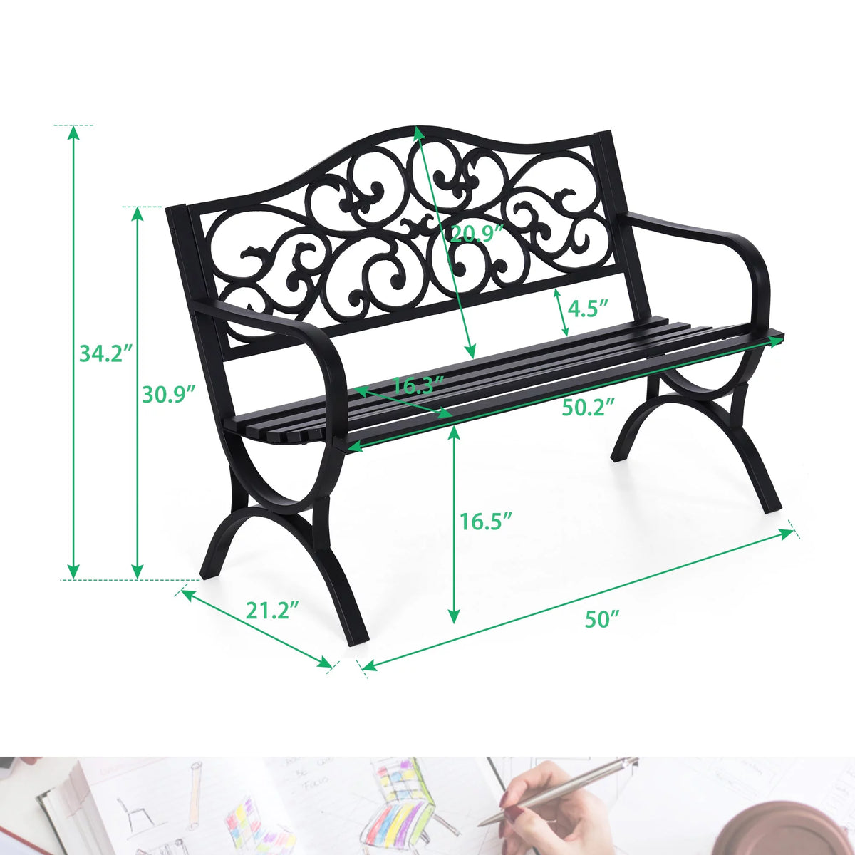 50" Outdoor Iron Cast Garden Park Bench - Black W684