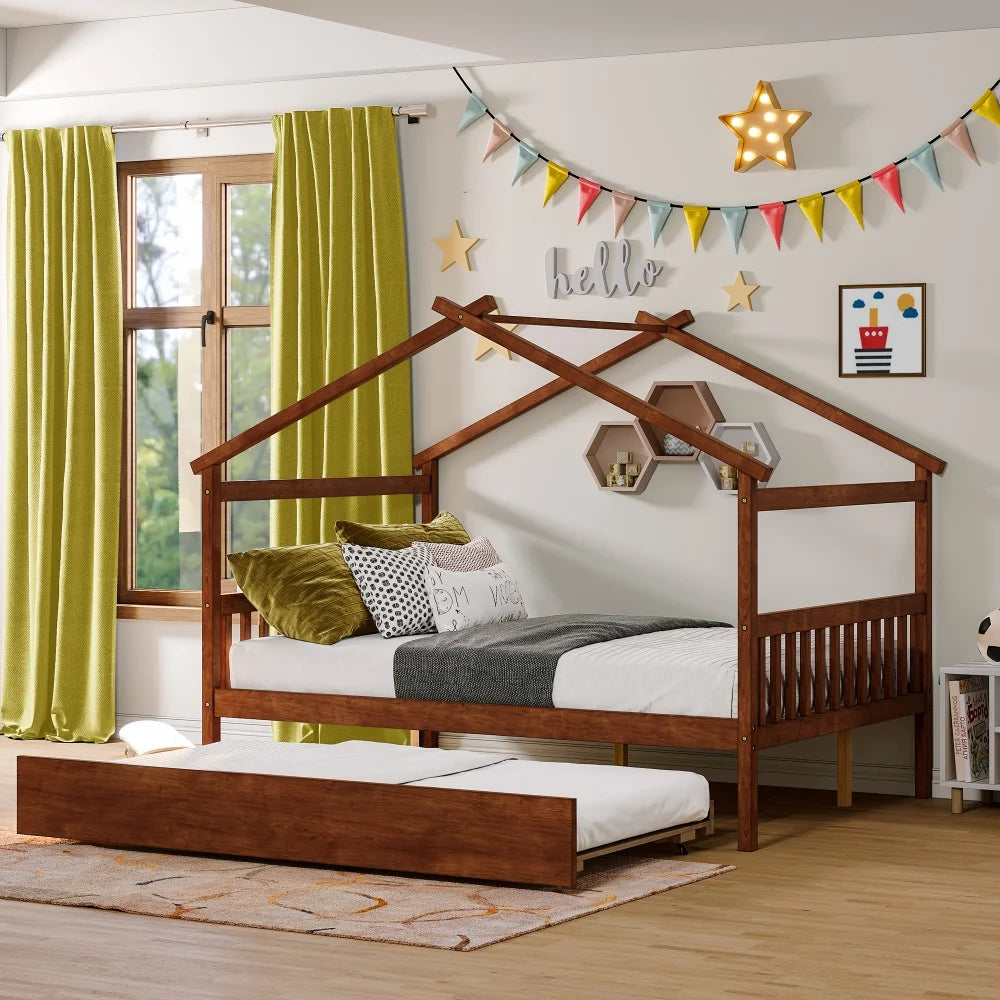 White Twin Size Solid Wood House Bed with Trundle B30948