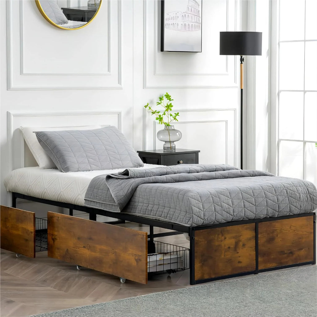 Twin Metal Platform Bed Frame with 2 XL Storage Drawers E5450