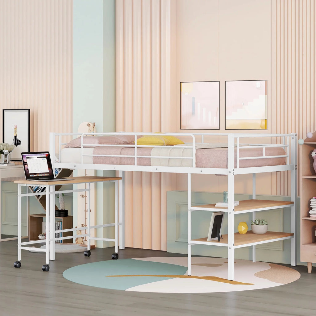 Twin Size White Metal Loft Bed with Desk and Shelving T346
