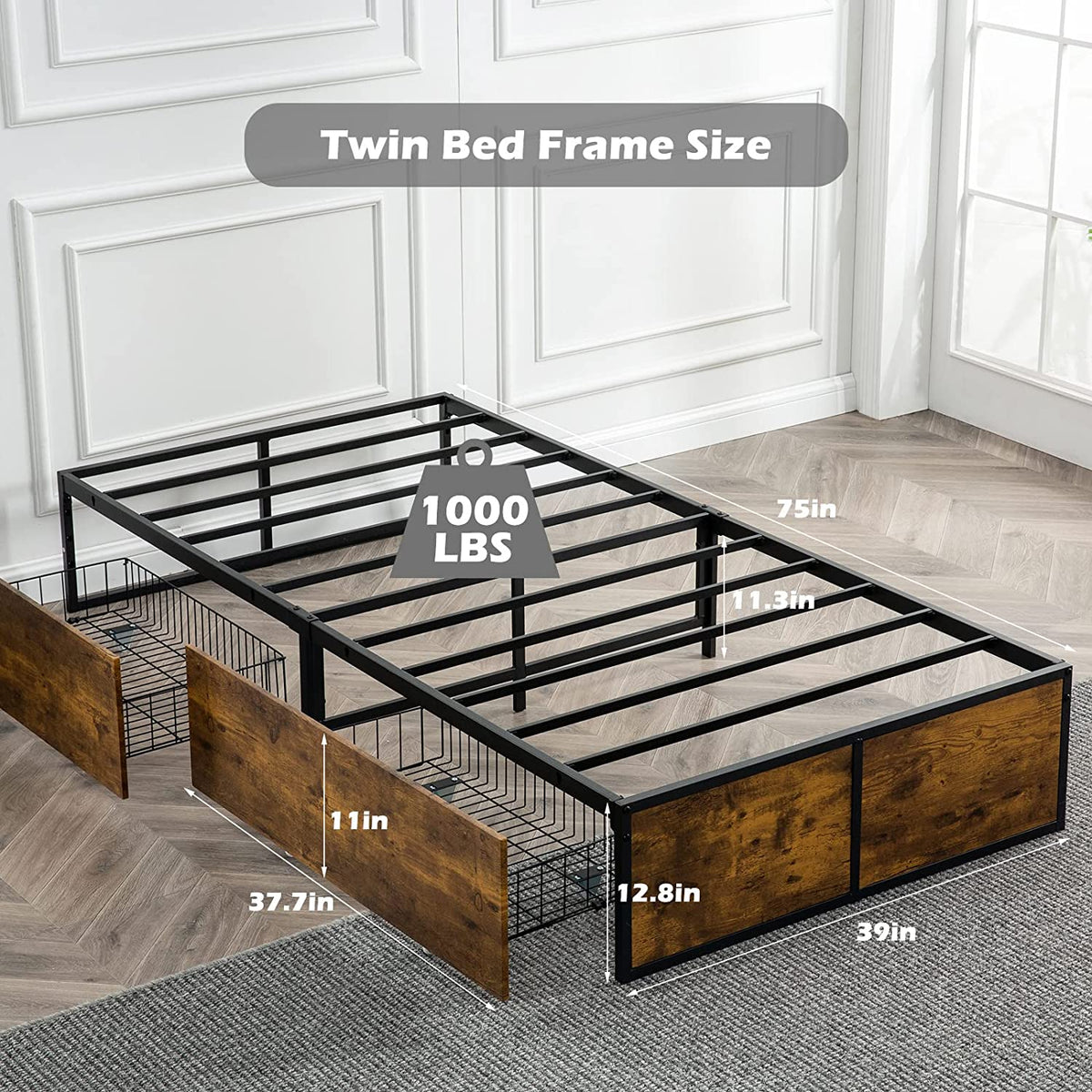 Twin Metal Platform Bed Frame with 2 XL Storage Drawers E5450
