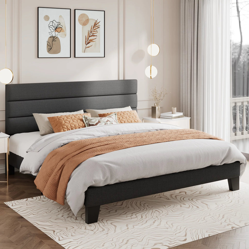 Queen Size Black Velvet Upholstered Platform Bed Frame with Headboard B4609