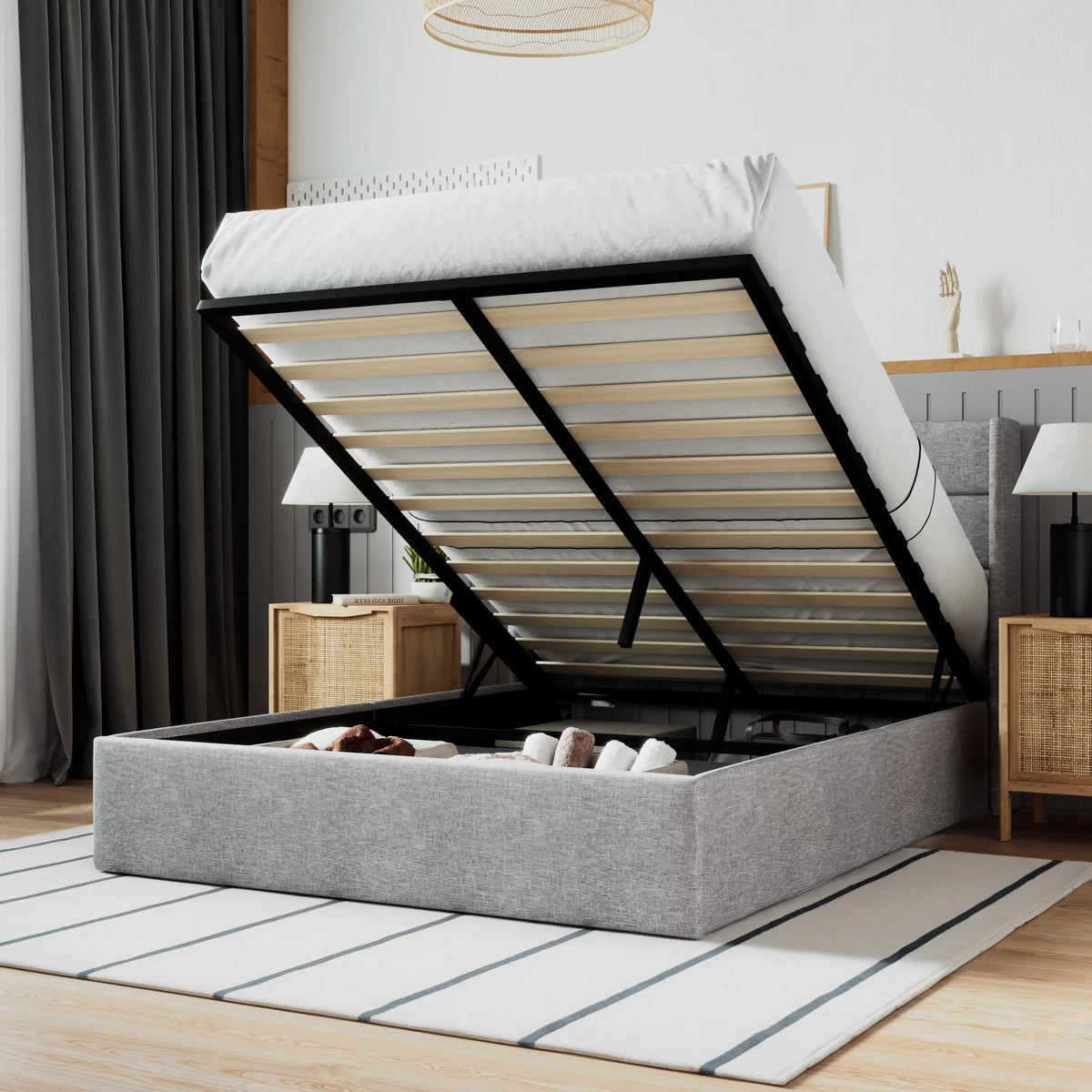 Beige Queen Size Lift Up Platform Bed Frame with Headboard T914