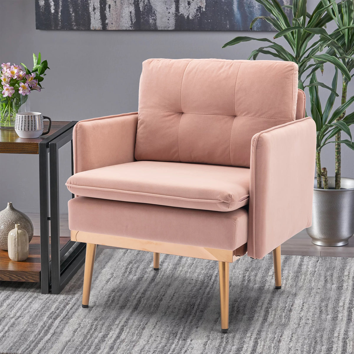 Pink Upholstered Accent Chair with Solid Wood Legs I4248