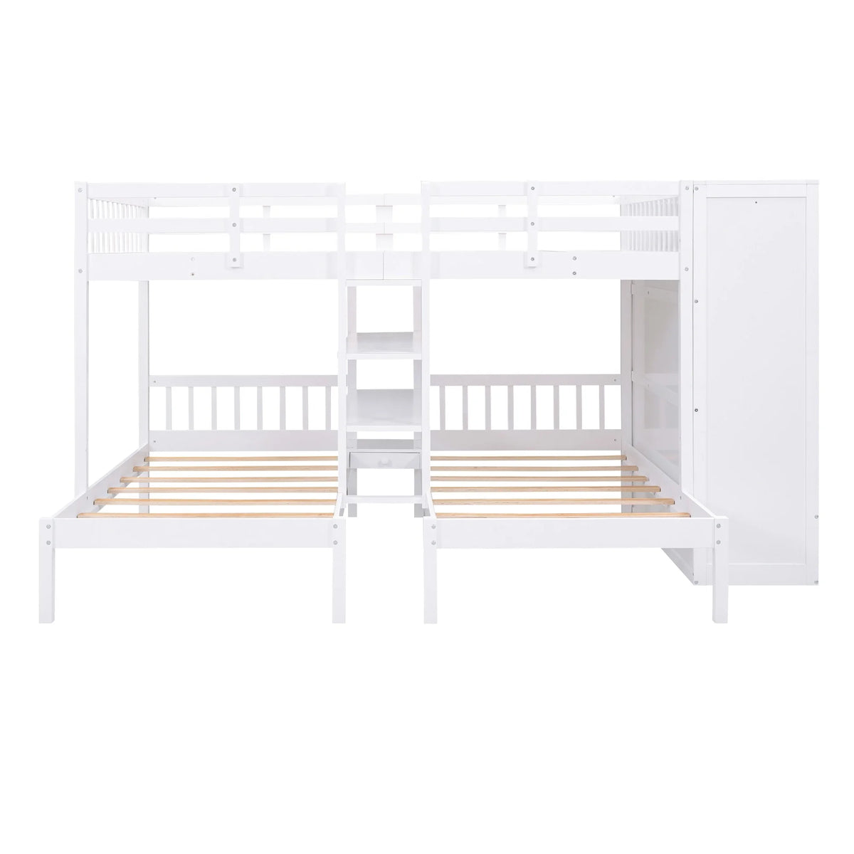 White Full-Over-Twin-Twin Bunk Bed with Shelves, Wardrobe, Mirror, and Storage M9774