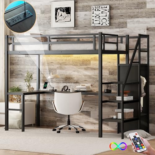 Twin XL Size Black Metal Loft Bed with L-Shaped Desk and Wardrobe D7665