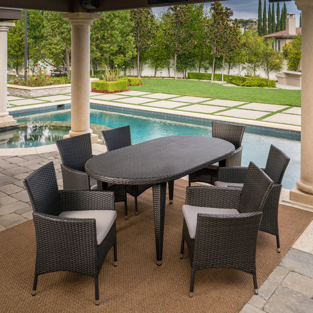 7 Piece Wicker Oval Dining Set with Cushions K25076