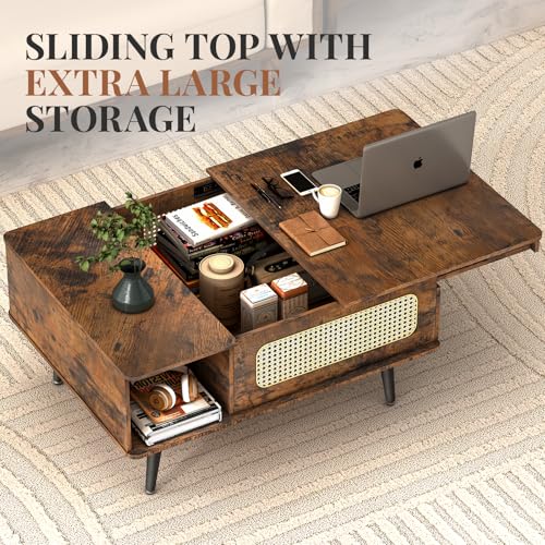 Rustic Brown Rattan Coffee Table with Hidden Storage T576